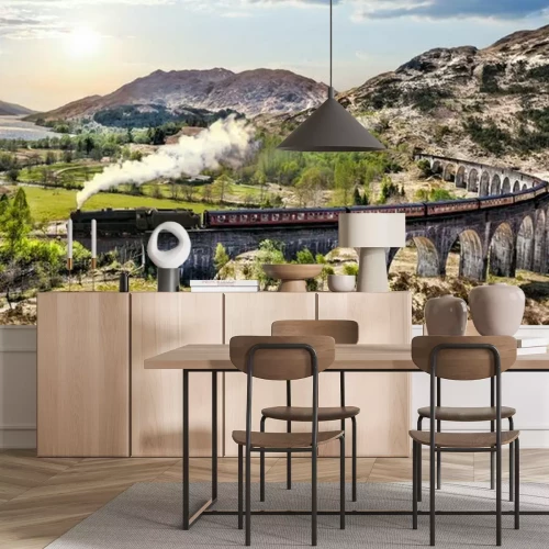 Papier peint  Glenfinnan, ferroviaire, viaduc, Écosse, Jacobite, vapeur, train, contre, Coucher soleil, Lac