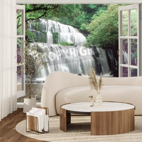 Papier peint  Vue d'une cascade à travers une fenêtre