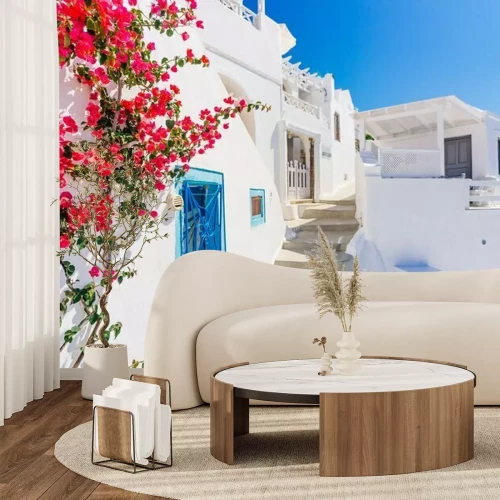 Papier peint  Traditionnel, cycladique, blanchi, rue, fleurir, bougainvillea, été, santorini, grèce
