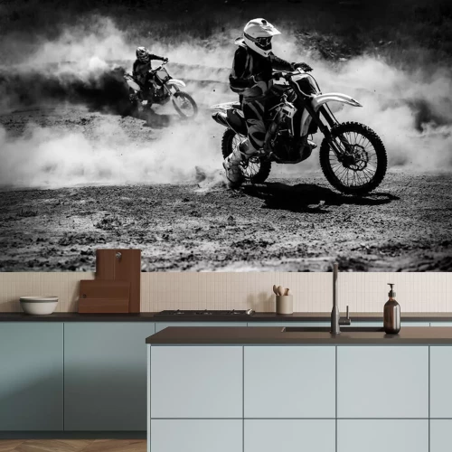 Papier peint  Motocycliste, course, accélération, poussière, piste, noir, blanc, photo