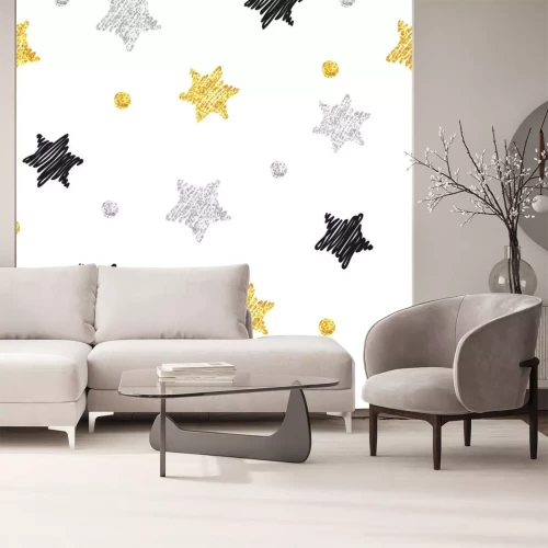 Sticker  Sparkling étoiles modèle sans soudure. Vecteur de fond avec griffonnage noir, argent et or étoiles et points isolé sur blanc.