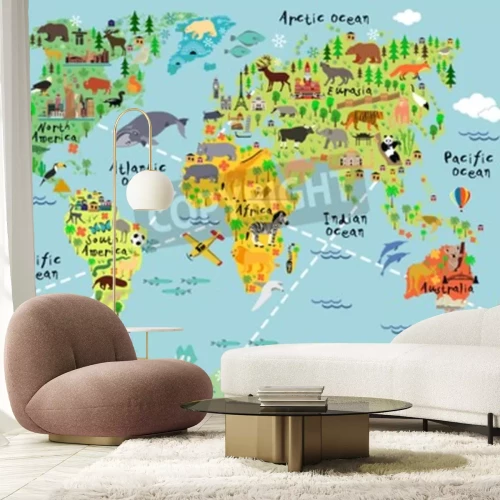 Papier peint  Carte du monde pour enfants avec animaux