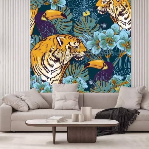 Papier peint  Tigre sur un fond tropical