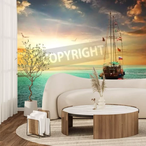 Papier peint  Lever du soleil et un yacht en mer