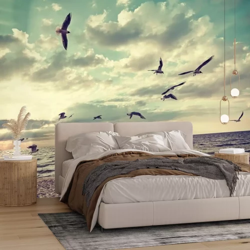 Papier peint  Plage et oiseaux volants