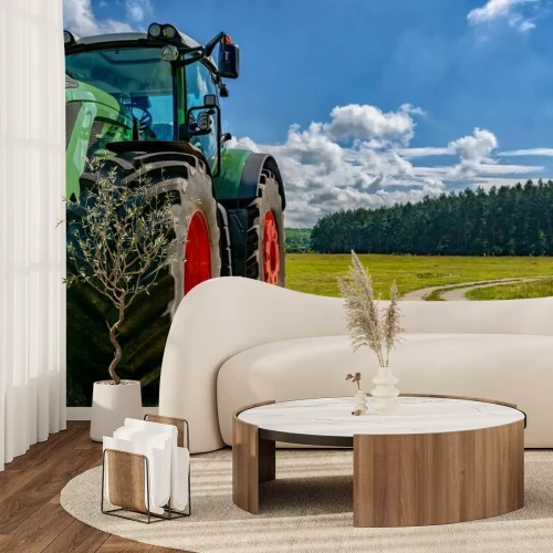 Papier peint  Une partie du tracteur debout dans un champ près de la route.