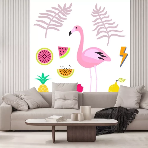 Sticker  Été rose flamant clipart icône ensemble. Leaevs Palm, melon d'eau, fruits d'ananas. Vector illustration pour les autocollants et les cartes.