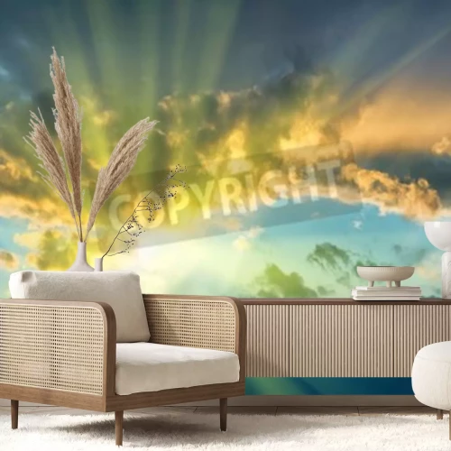 Papier peint  Lever de soleil avec des nuages blancs