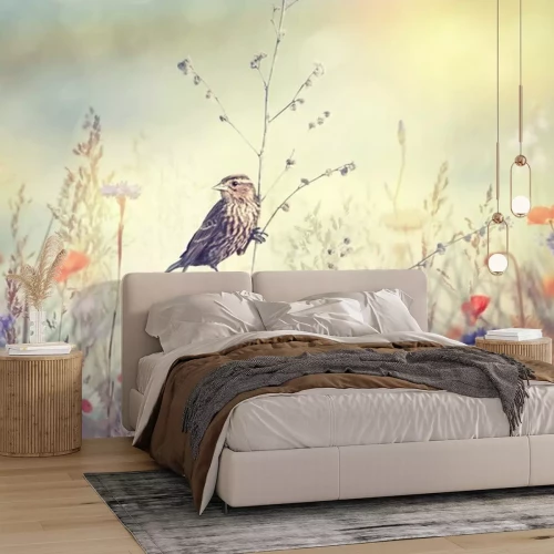 Papier peint  Oiseau sur un Brindille dans l'herbe des champs