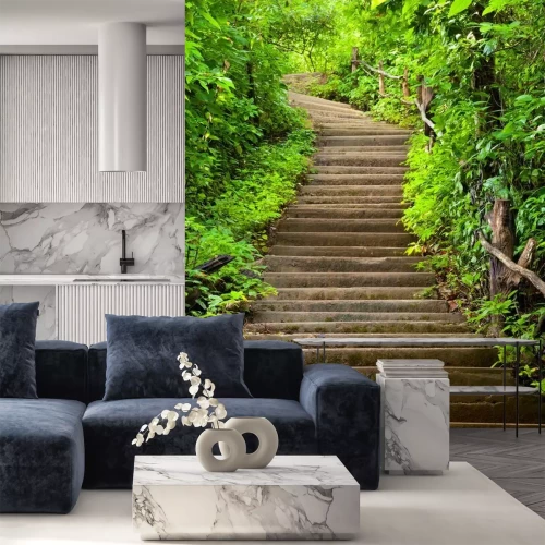 Papier peint  Forêt avec un escalier en bois