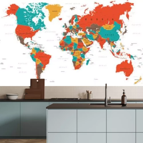 Papier peint  Mappemonde politique colorée en rouge bleu jaune et marron