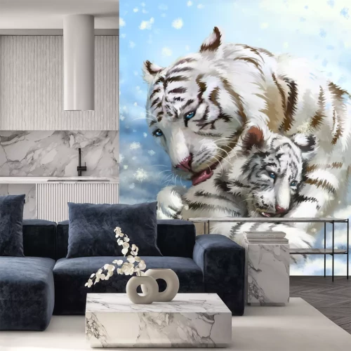 Papier peint  Tigres blancs qui s'embrassent