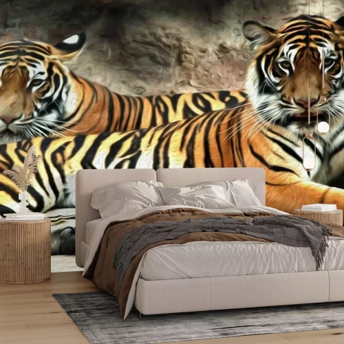 Papier peint  Deux tigres dans une grotte