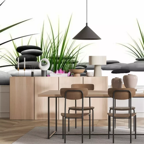 Papier peint  Pierres zen avec un lotus et de l'herbe verte