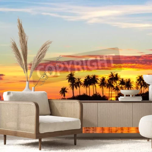 Papier peint  Coucher de soleil et silhouettes de palmiers topiques