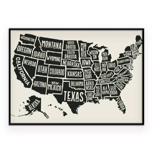 Poster  Carte monochrome des États-Unis avec les États étiquetés