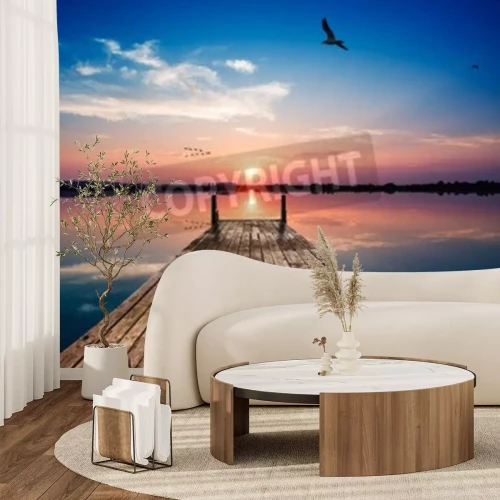 Papier peint  Coucher de soleil sur une jetée et un lac