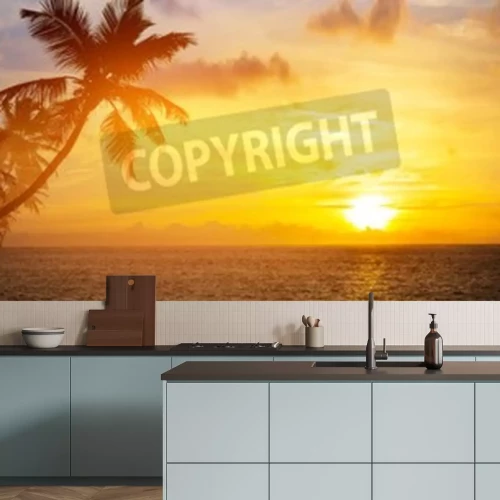 Papier peint  Lever de soleil, mer et palmiers