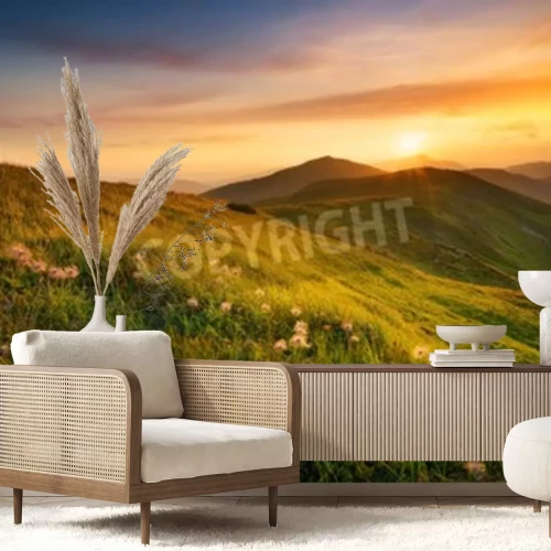 Papier peint  Coucher de soleil sur une clairière avec des sarbacanes