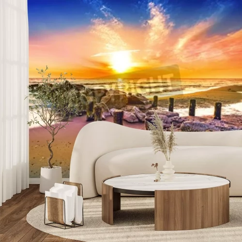 Papier peint  Coucher de soleil sur la digue de la mer