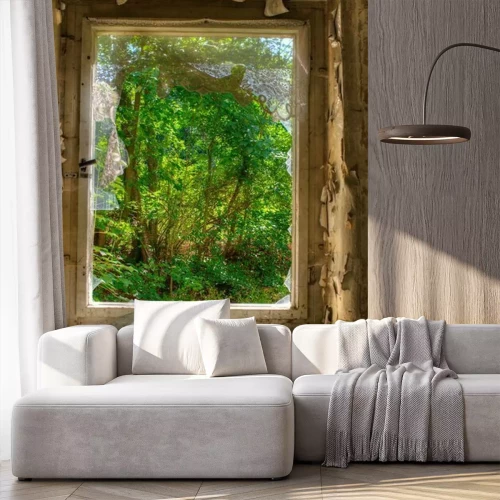 Papier peint  Forêt vue à travers une vieille fenêtre