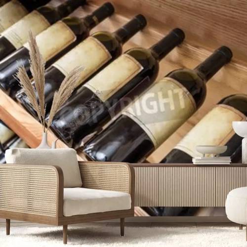 Papier peint  Bouteilles de vin couchées sur une étagère en bois