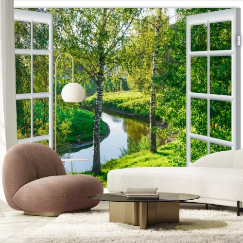 Papier peint  Fenêtre avec vue sur la rivière dans un parc vert