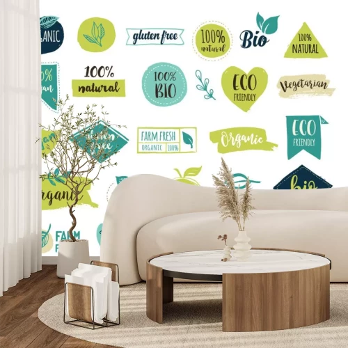 Sticker  Bio, écologie, logos et icônes organiques, étiquettes, étiquettes. Main, tiré, bio, sain, nourriture, badges, ensemble, cru, végétalien ...