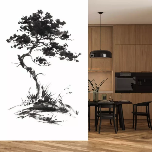 Sticker  Ink illustration de la croissance des pins avec de l'herbe. Silhouette composée de coups de pinceau noir isolé sur fond blanc.