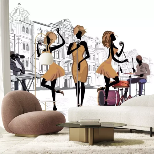 Sticker  Musiciens de rue dans la rue de la grande ville.