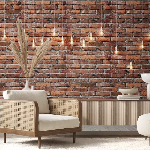 Papier peint  Mur de briques avec ampoules suspendues