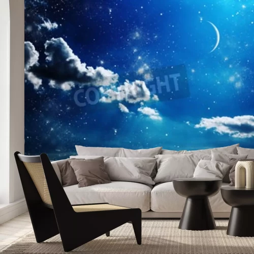 Papier peint  Ciel nocturne avec lune et étoiles