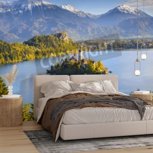 Papier peint  3D château bord de lac en montagne