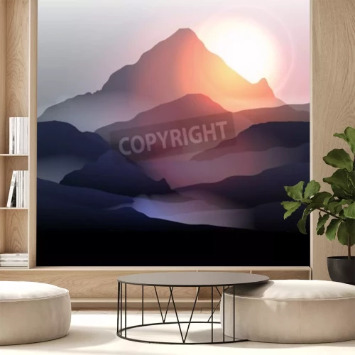 Papier peint  Lever de soleil graphique derrière les montagnes