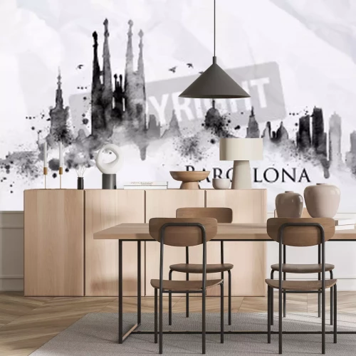 Papier peint  Panorama ville de Barcelone aquarelle