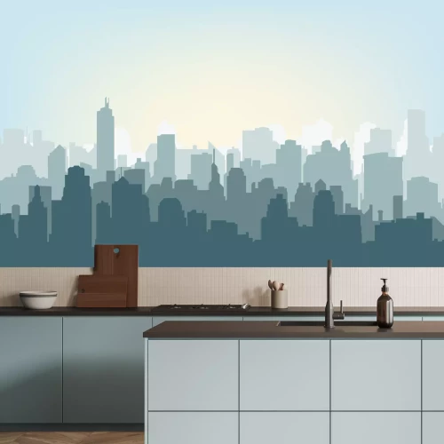 Papier peint  Panorama ville graphique bleu