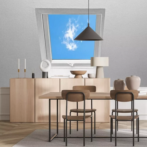 Papier peint  Vue d'une fenêtre sur un ciel bleu et des nuages