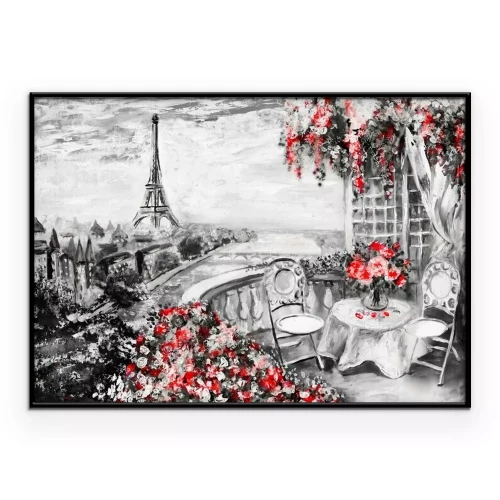 Poster  Peinture à l'huile, café d'été à Paris. Doux paysage de la ville. Résumé fleur. Vue depuis le balcon. Tour Eiffel, France, fond d'écran. art moderne