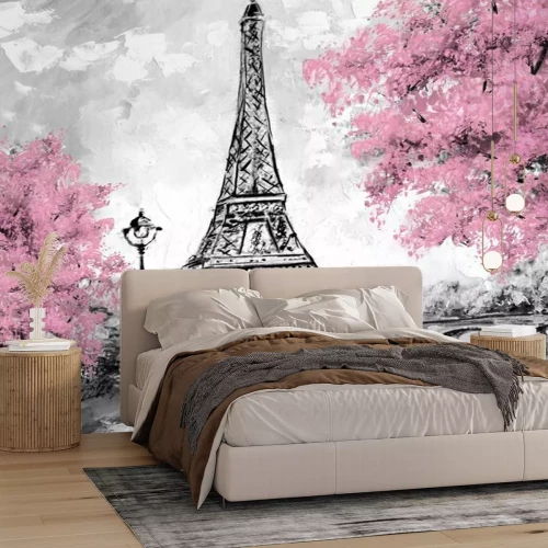 Papier peint  La Tour Eiffel avec des arbres roses dans un style pictural
