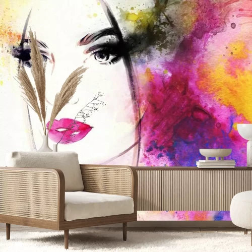 Papier peint  Visage de femme sur un fond coloré et pictural