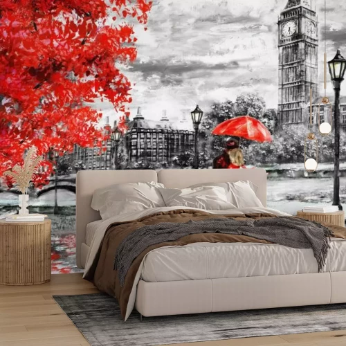 Papier peint  Couple à Londres avec un parapluie rouge sur fond de paysage pittoresque