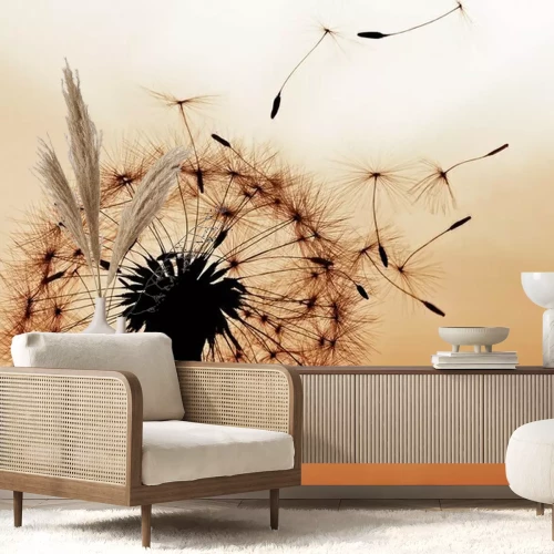 Papier peint  Pissenlit noir sur fond beige