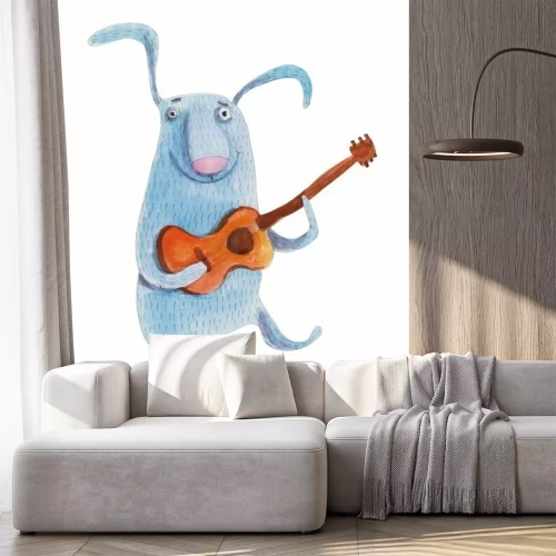 Sticker  Lapin à la guitare. Illustration d'aquarelle. Dessin à main levée