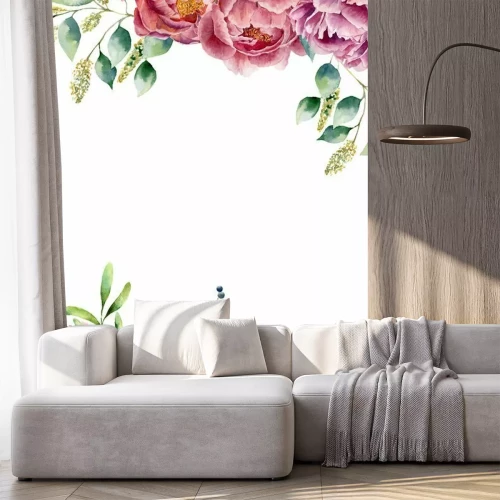 Papier peint  Composition horizontale avec pivoines et brindilles à l'aquarelle