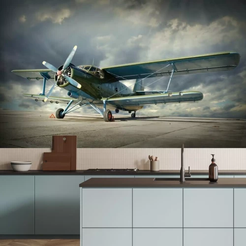 Papier peint  Un biplan rétro posé sur le tarmac