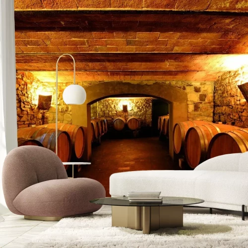 Papier peint  Vignoble italien avec des tonneaux en bois