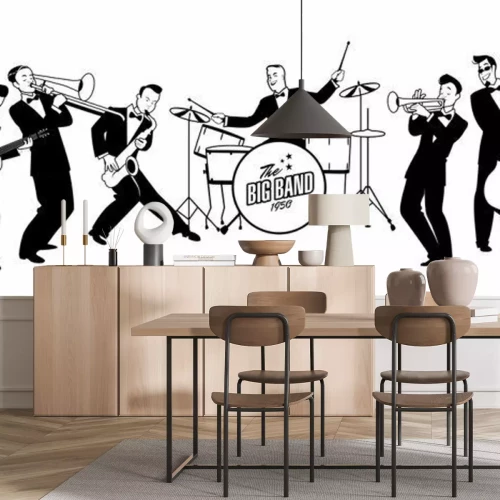 Sticker  Jazz Swing Orchestra. Style rétro. Cartoon illustration vectorielle. Musiciens de style années 50 ou 60