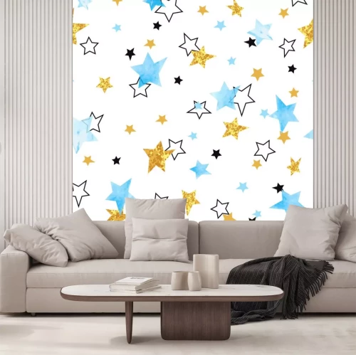 Sticker  Seamless modèle d'étoiles. Vectoriel d'arrière-plan avec l'aquarelle bleue et les étoiles d'or scintillantes.