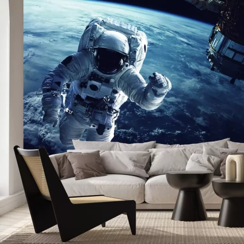 Sticker  Astronaute 3d de l'espace extra-atmosphérique sur le fond de la planète