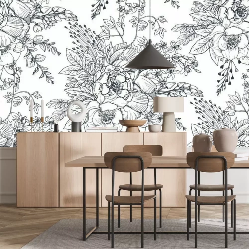 Papier peint  Motif noir et blanc avec des fleurs
